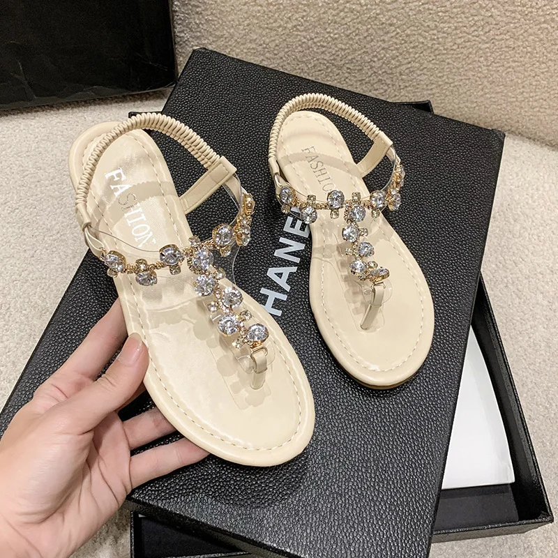 Yyvonne | Flat-Soled Sandals Women 2025 Summer New Korean Set Feet Drilling Big Size Beach Clip Sandals