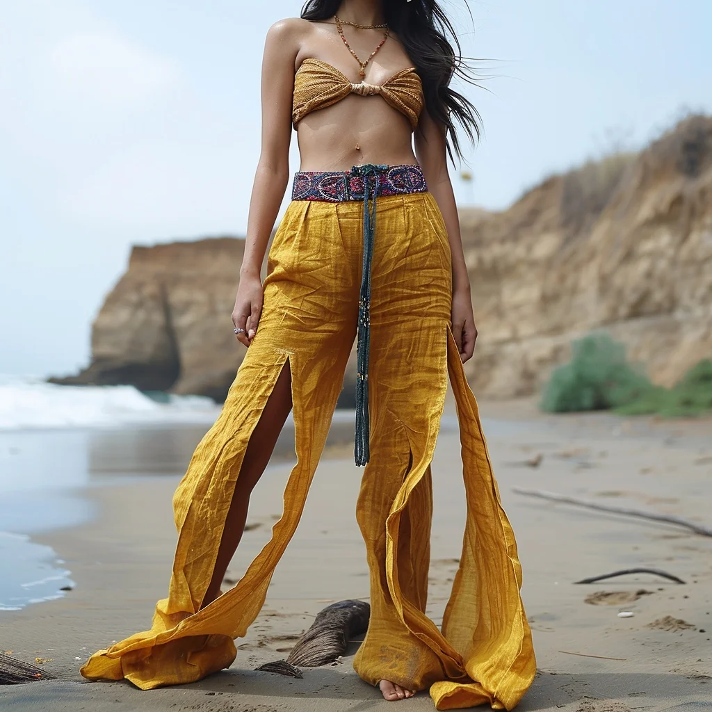 Retro Long Linen Wide Leg Pants For Women Casual Bohemian Long Linen Pants