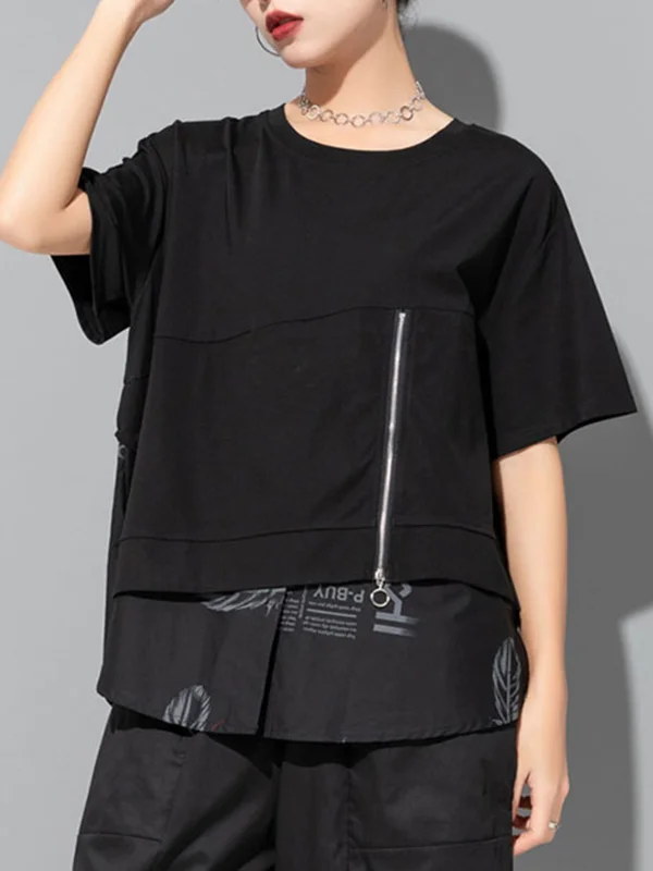 False Two Loose Printing Split-Joint Round-Neck T-Shirts Tops