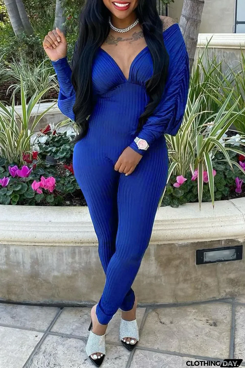 Black Fashion Casual Solid Backless Fold V Neck Regular Jumpsuits