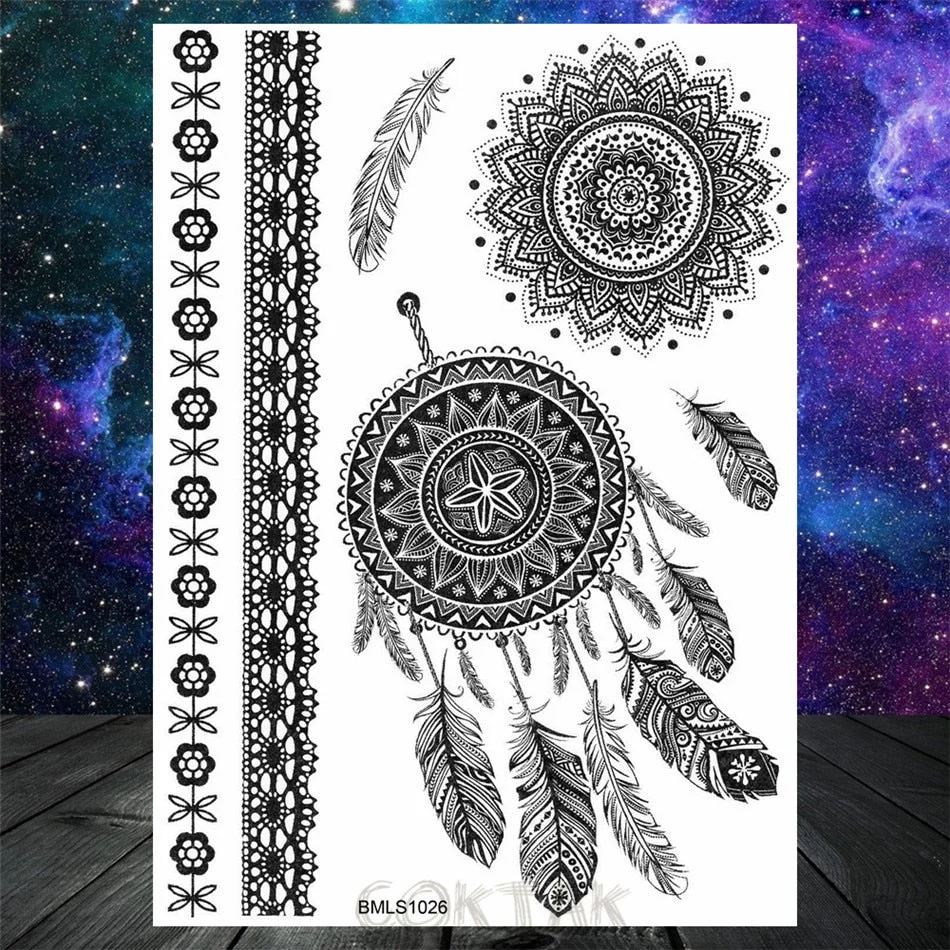 Black Dreamcatcher Temporary Tattoos Sticker For Women Fashion Body Art Back Tatoos Fake Jewelry Mandala Flower Tattoo For Party