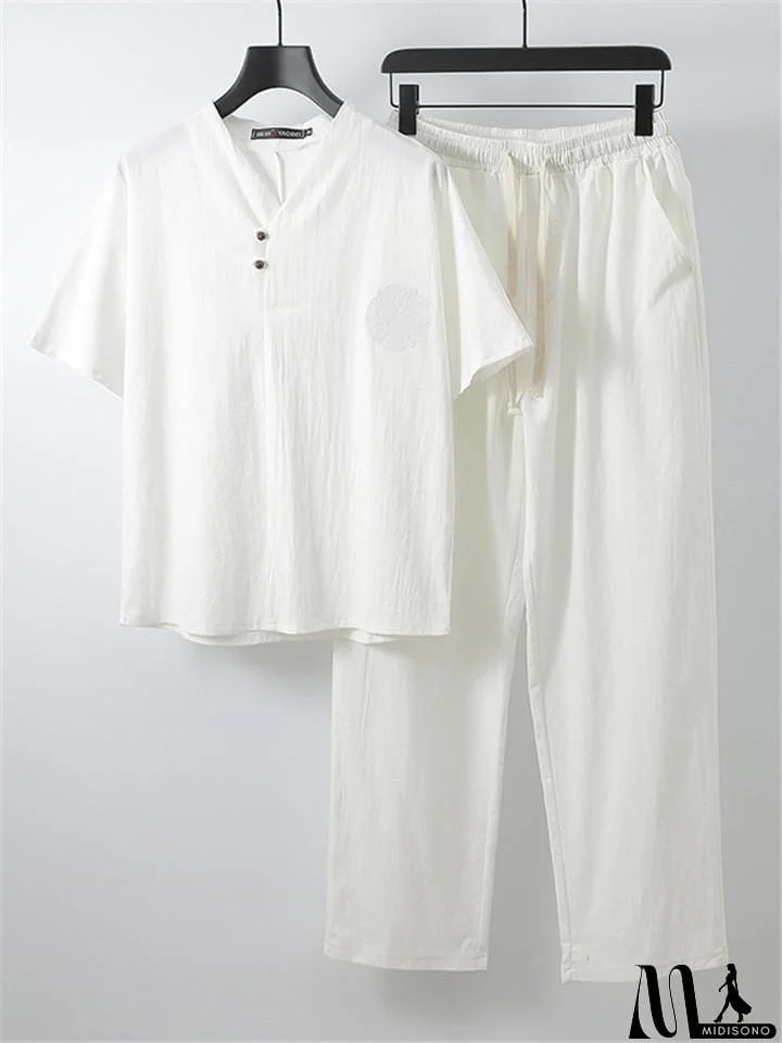 MidiSono - Mens Vintage Loose Casual Linen Short Sleeve T-Shirts+Pants