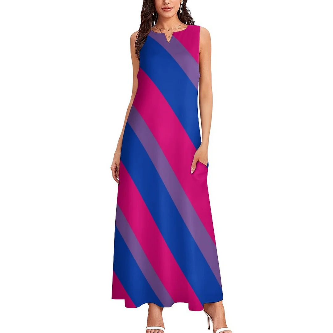 Bisexual Flag Womens Plus Size Long Boho Dresses Loose V Neck Sleeveless Maxi Dress with Pockets