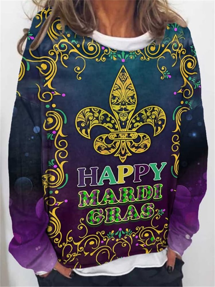 Vintage Happy Mardi Gras Print Gradient Sweatshirt