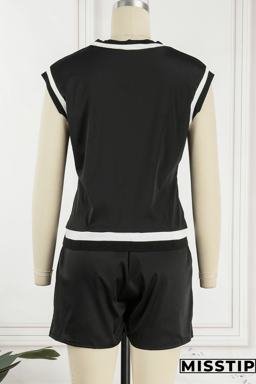 Black Casual Letter Print Patchwork V Neck Short Sleeve Two Pieces