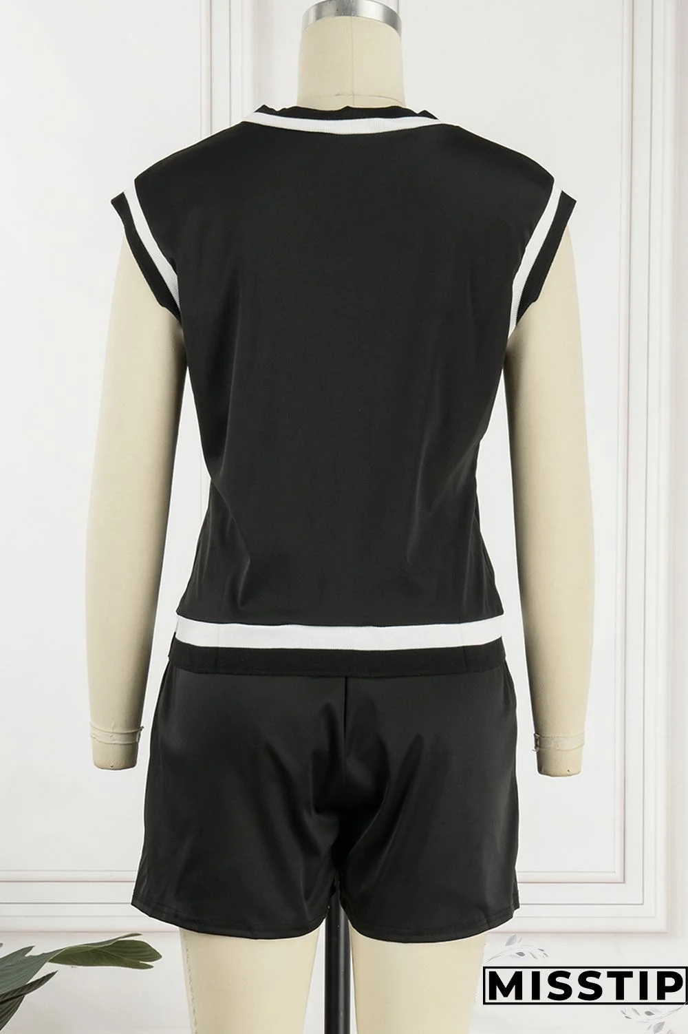 Black Casual Letter Print Patchwork V Neck Short Sleeve Two Pieces