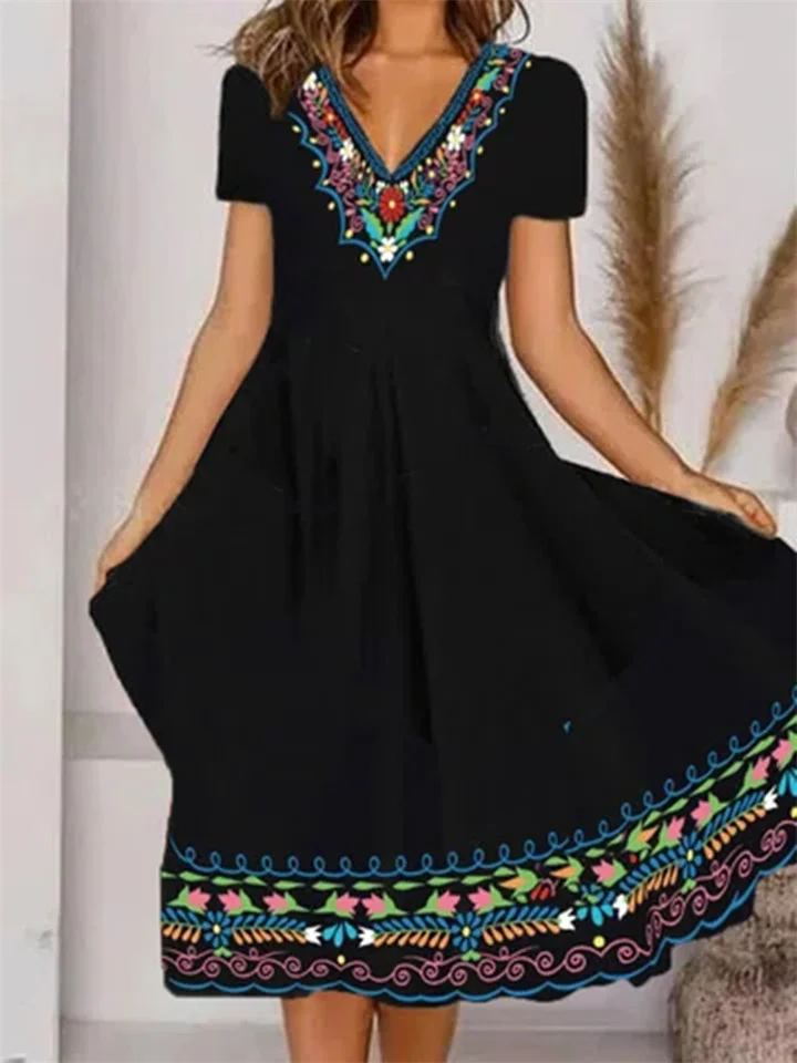 Popular New Women's V-Neck Ethnic Print Dress