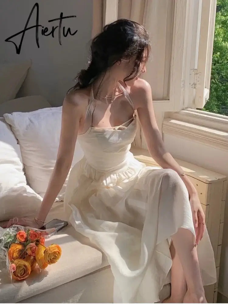 Aiertu Elegant Fashion Halter Fairy Graduation Dresses Summer Woman Korean Solid A-Line Birthday Evering Party Vestidos Female Clothes Aiertu