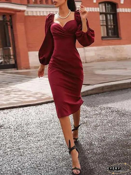 Dresses V-Neck Lantern Long Sleeve Midi Dress for Women