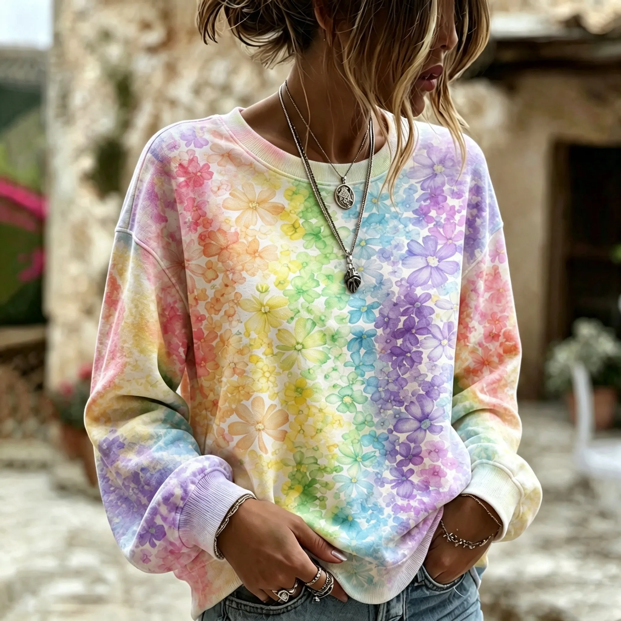 Comstylish Women's Retro Bohemian Hippie Style Floral Print Sweatshirt