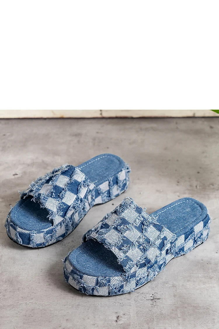 Daily Denim Raw Edge Plaid Pattern Slippers