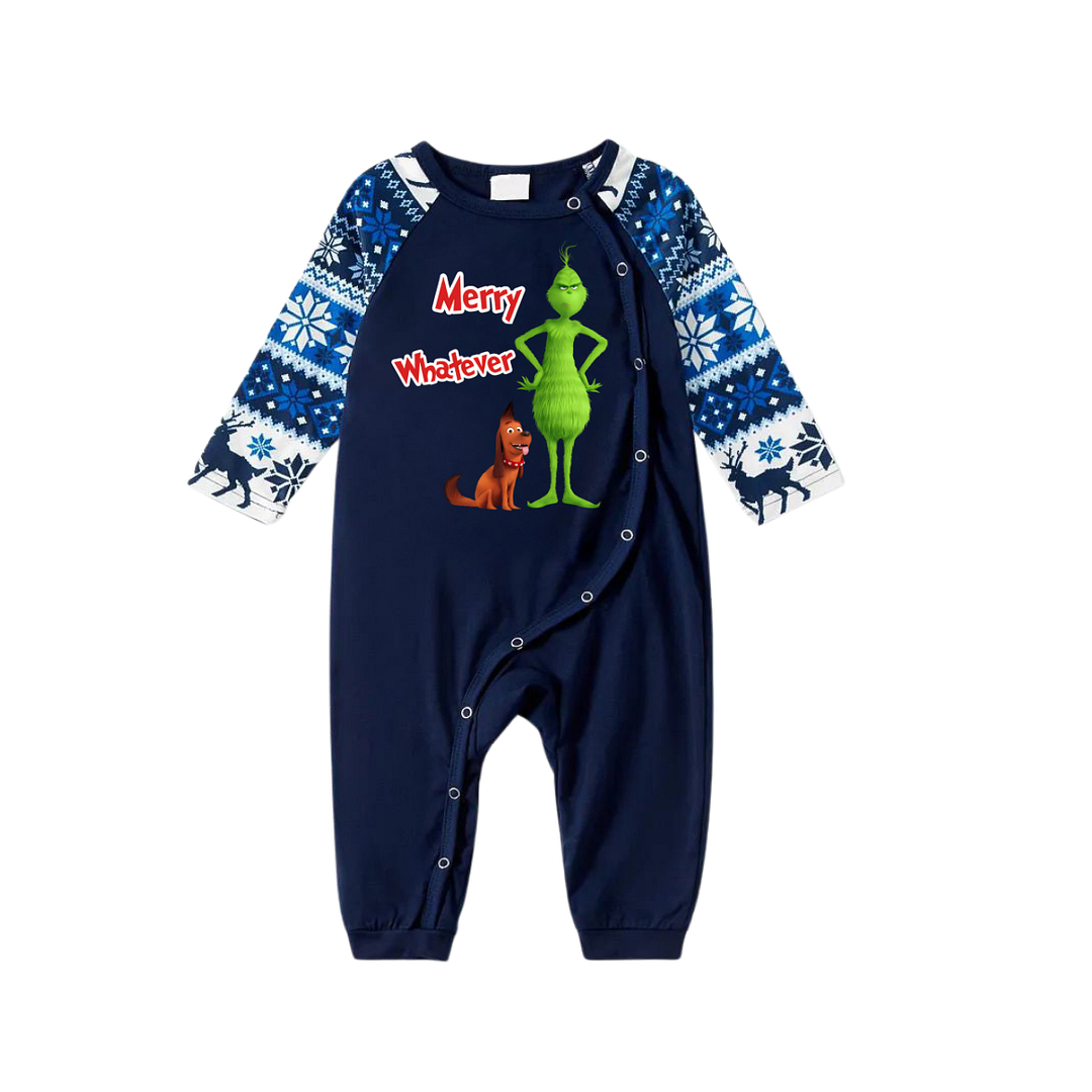 'Merry Whatever' Red Text With Green Cartoon Characters and Dog Pattern Blue Top Navy Blue Stripe Plaid Pants Family Matching Pajamas