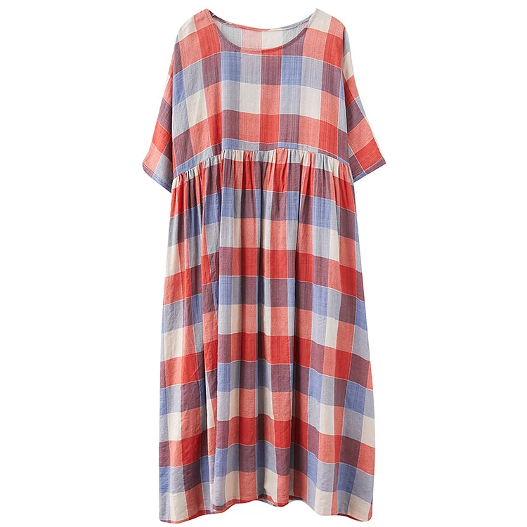 Literary Plaid Short Sleeve Round Neck Midi Dress