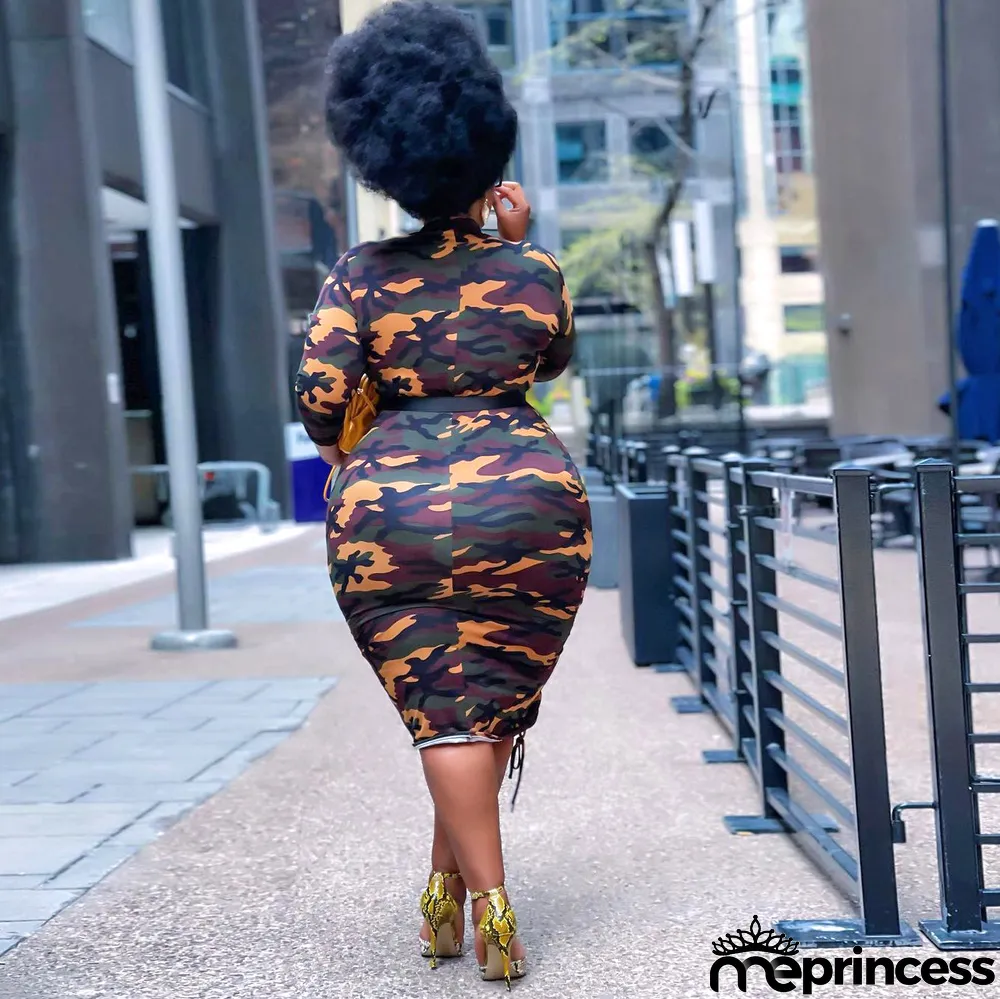 Plus Size Camo Print Drawstring Ruched Midi Dress