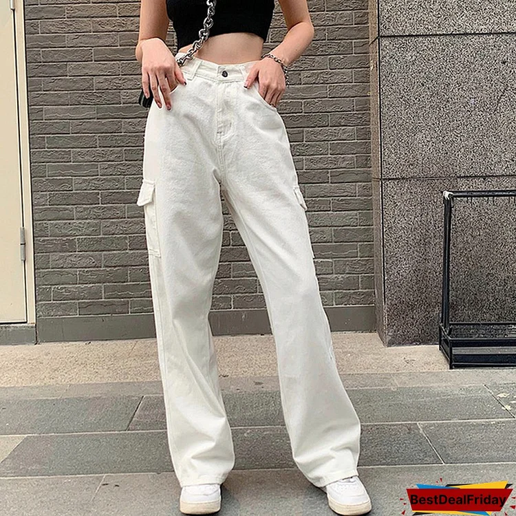 Fashion Pocket White Women'S Jeans Streetwear High Waist Vintage Straight Harajuku 2020 Denim Pants Cargo Pants