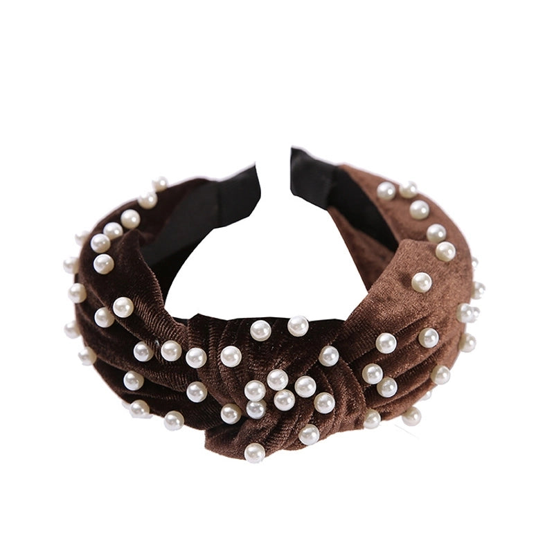 New Wide-brimmed Gold Flocking Bead Headband Simple Retro Pearl Headband Knot Wash Face Headband