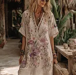 Women's Floral Embroidery Art V Neck Comfy Midi Dress - Image 2