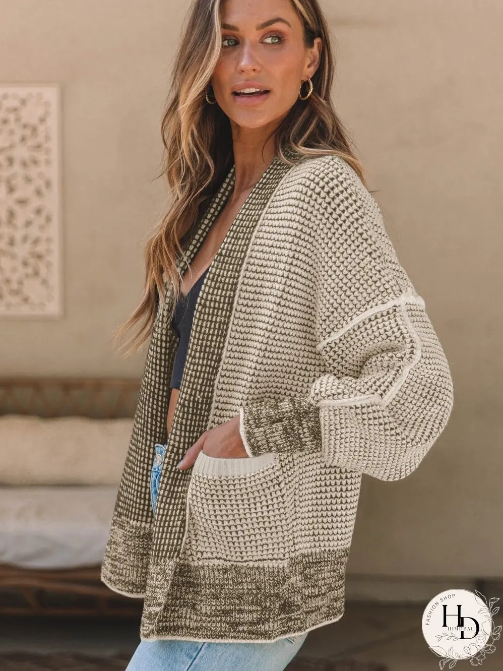 Apricot Oversized Collared Waffle Knit Cardigan