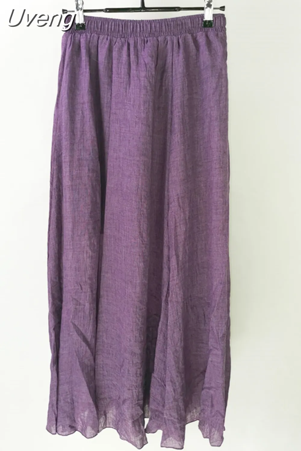 Uveng Women's Elegant 16 Color High Waist Elastic Waist Linen Pleated Long Skirts Ladies Slim Casual Skirt Saias New 2023 Summer SK05