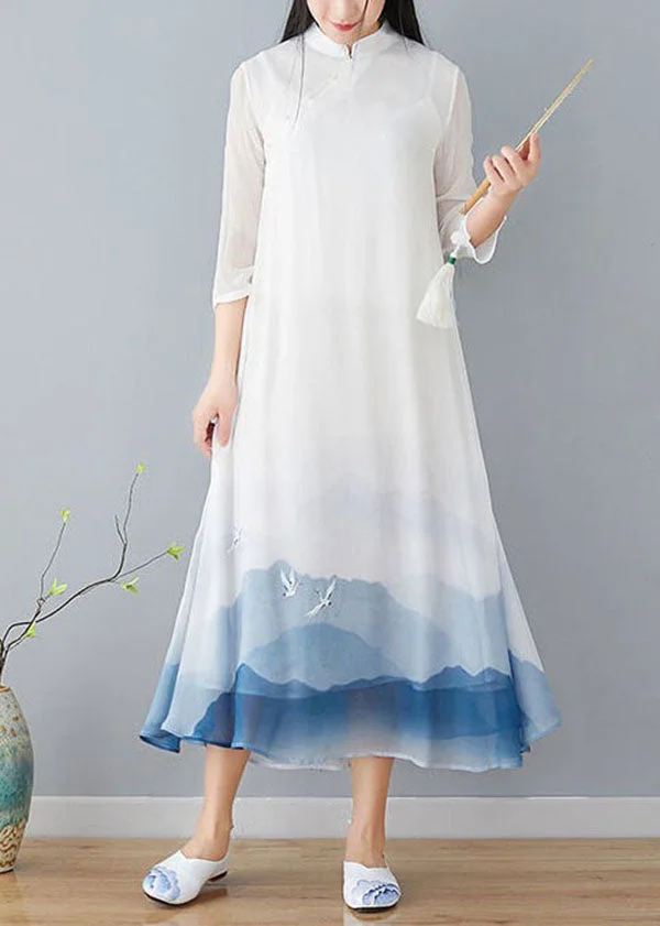 Vintage White Stand Collar Patchwork Print Silk Dress Summer