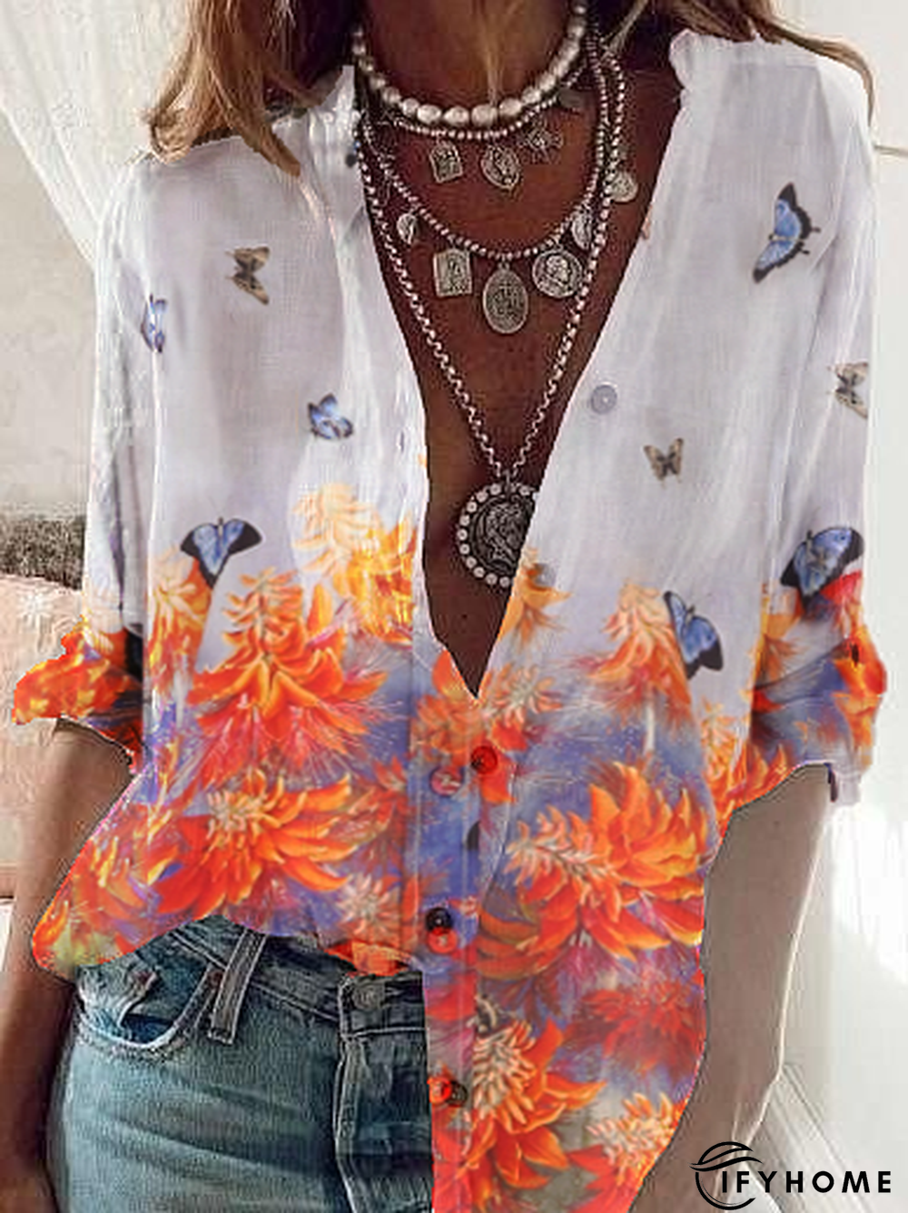 Butterfly Long Sleeve V Neck Blouse | IFYHOME