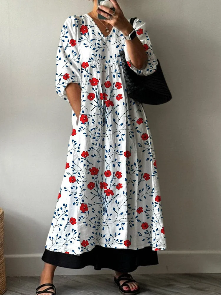 Simple Poppy Floral Pattern Printed Women's Pocket V-Neck Cotton Dress