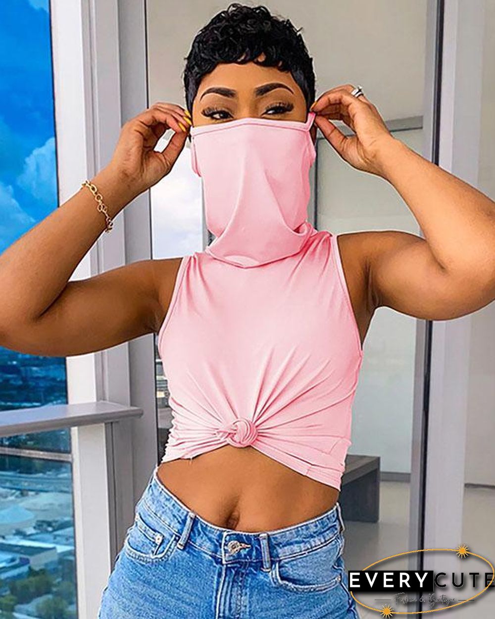 Solid Color Sleeveless Casual Shirt Top With Bandana