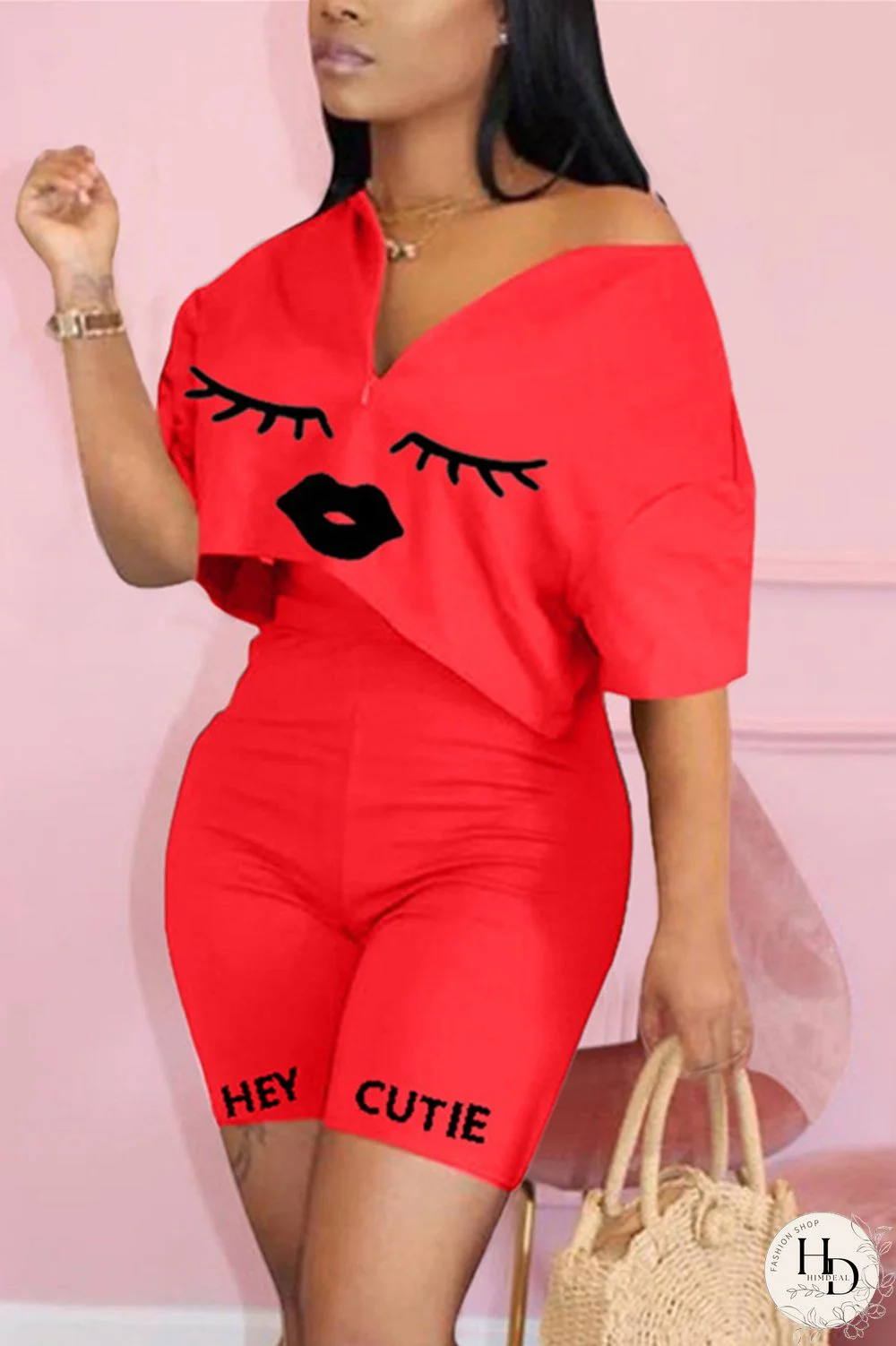 Black Fashion Casual Printed T-shirt Shorts Set