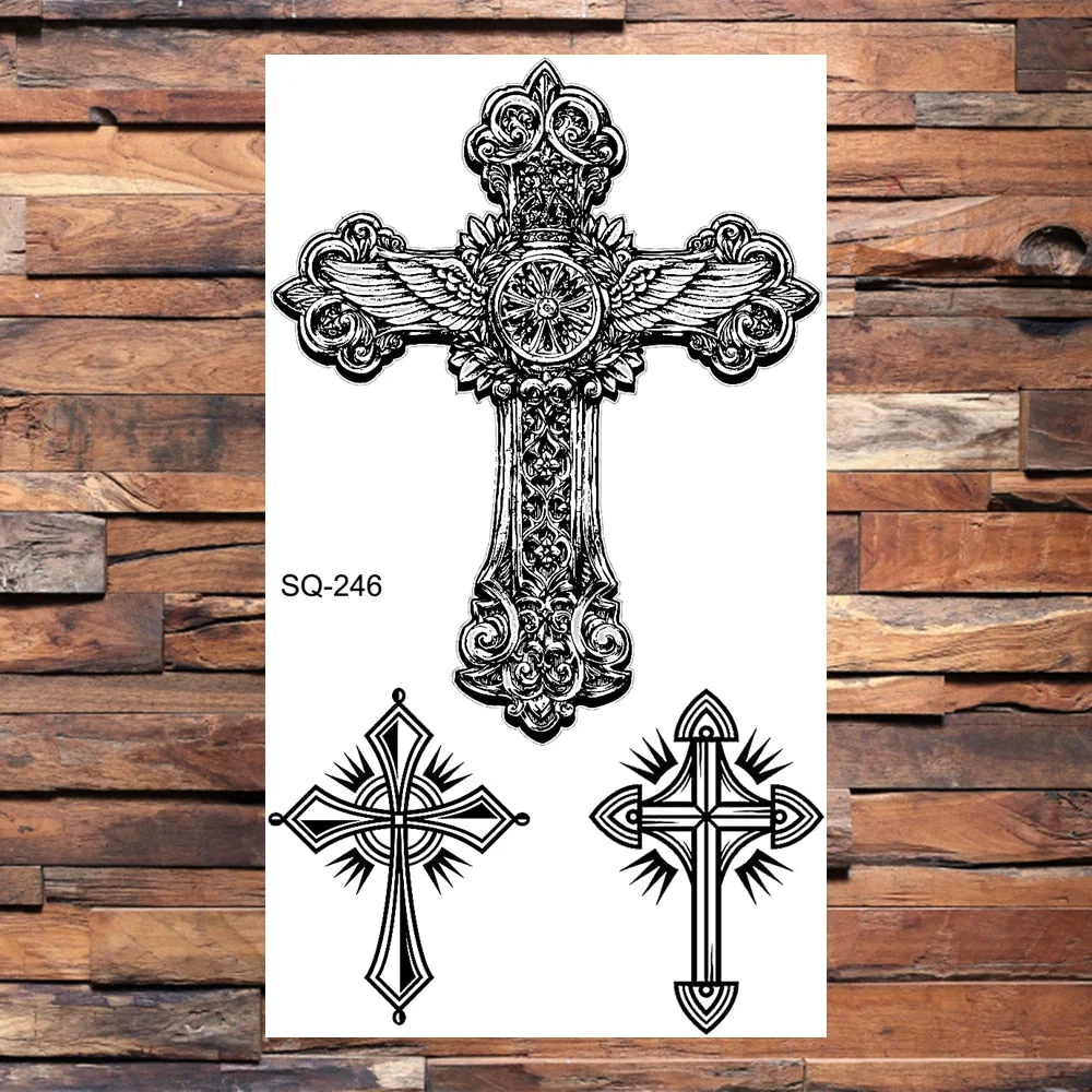 Crown Temporary Tattoos For Women Men Realistic Cross Sword Angel Wings Thorns Fake Tattoo Sticker Body Waterproof Tatoos Black