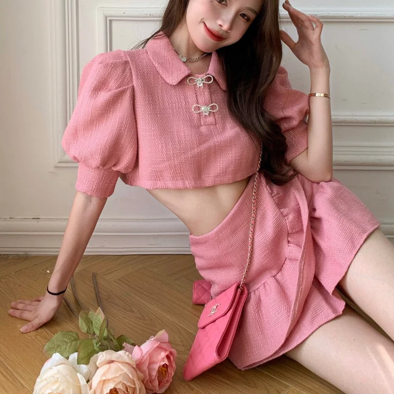 Graduation Gifts   Small Fragrant Suit Summer Korean Sweet Tweed 2 Piece Set Women Puff Sleeve Crop Top + Mermaid Skirts Sets Fashion Skirt Suits