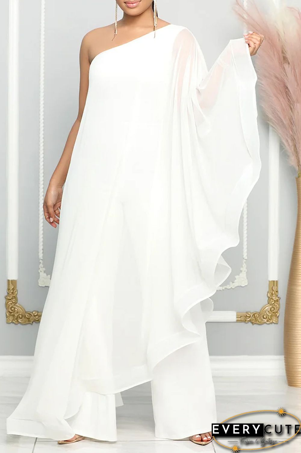 Blue Casual Daily Elegant Patchwork Solid Color One Shoulder Regular Jumpsuits