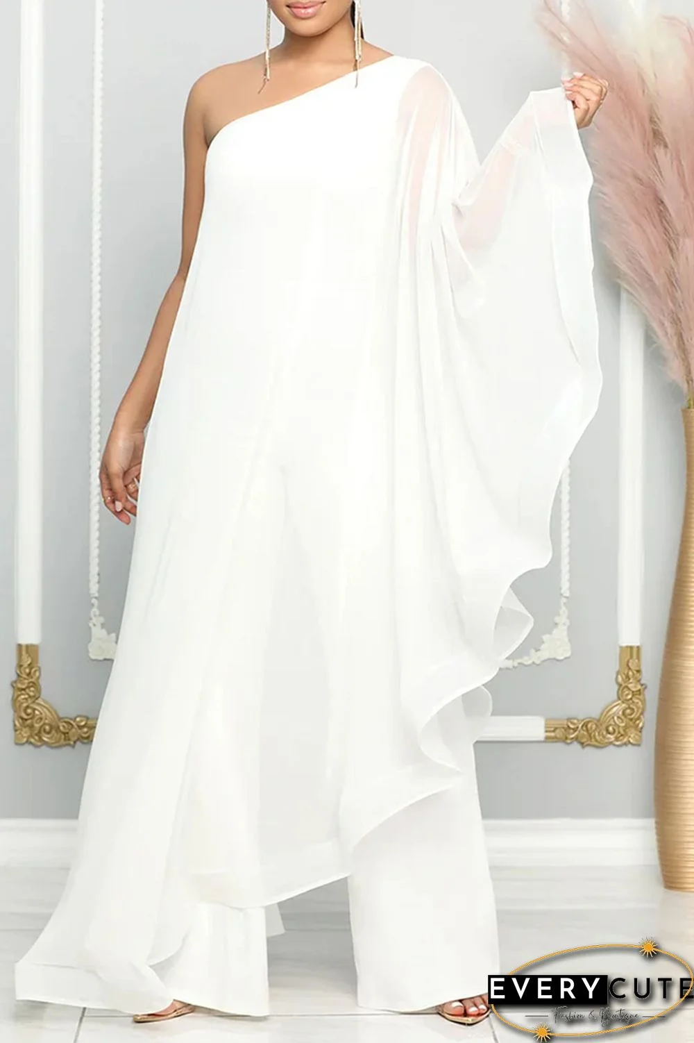 Blue Casual Daily Elegant Patchwork Solid Color One Shoulder Regular Jumpsuits