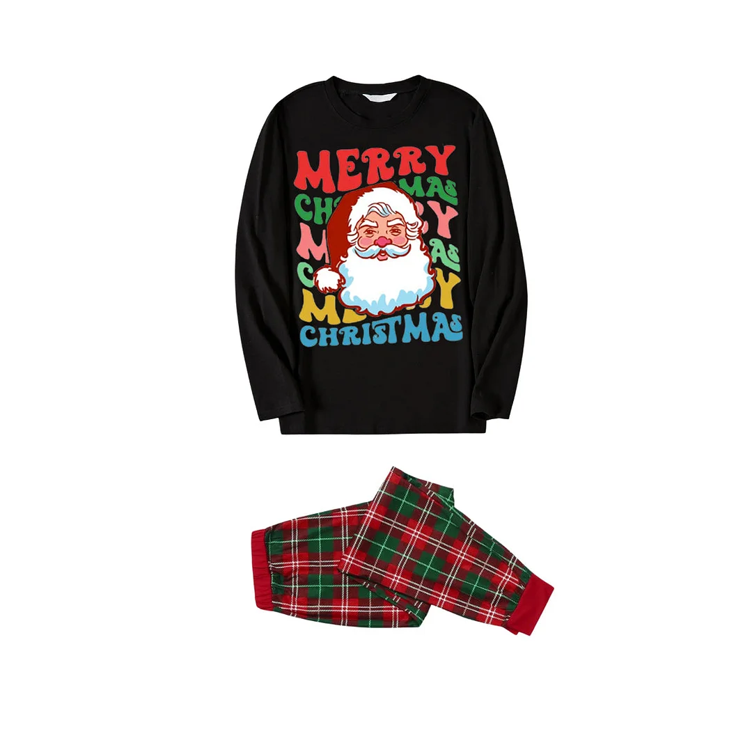 Colorful "Merry Christmas" and Santa Claus Print Black Top with Red & Green Plaid Pants Family Matching Pajama