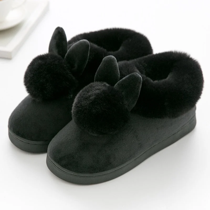 FONGIMIC Women Winter Slippers Warm Cute Cotton Slippers Ladies Autumn Velvet Home Floor Thick Bottom Cartoon House Rabbit Shoes