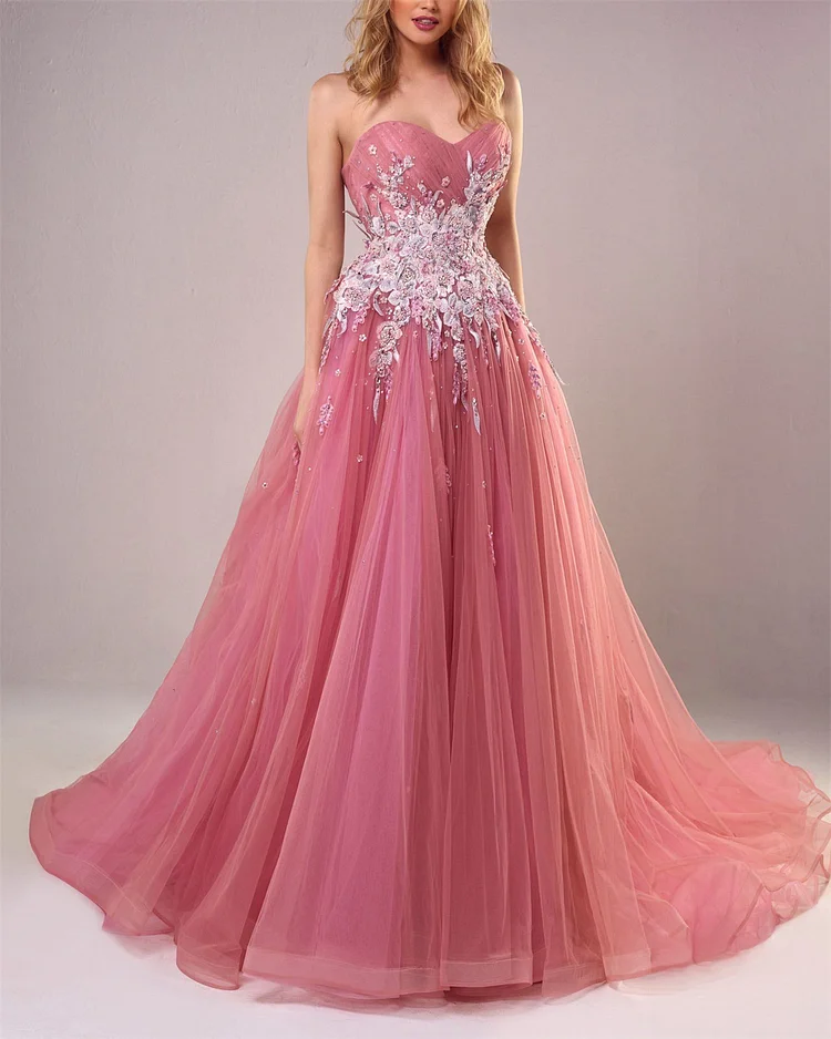 Women's Pink Tube Top Embroidery Evening Dress - 01