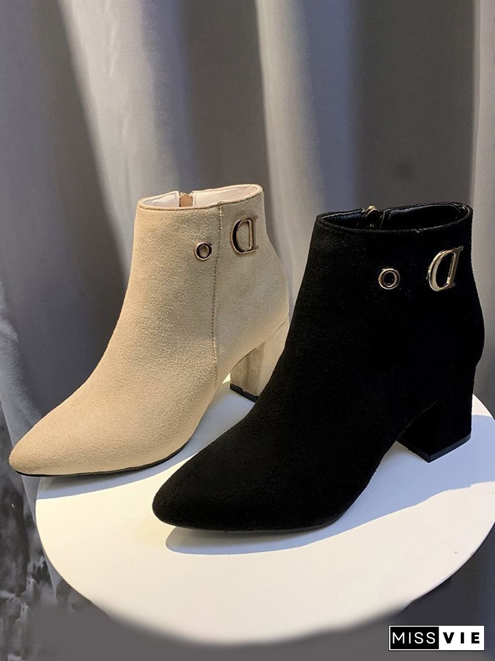 Side Zip Faux Suede Pointed Toe Chunky Heel Booties