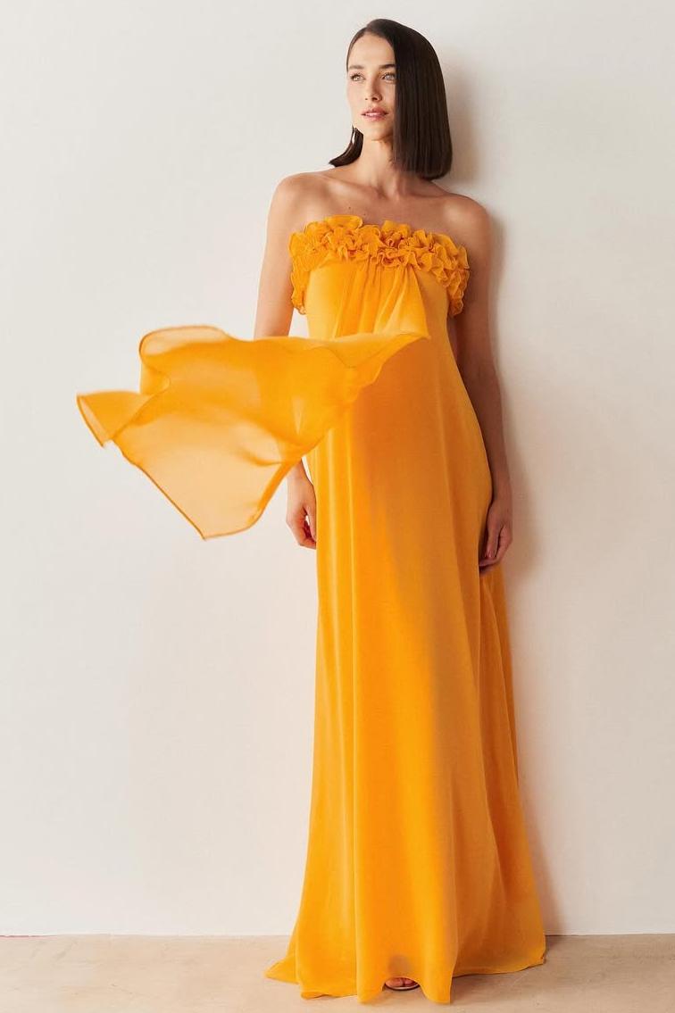 Oknass Chiffon Strapless Sleeveless Long Prom Dress With Pleated Ruffle