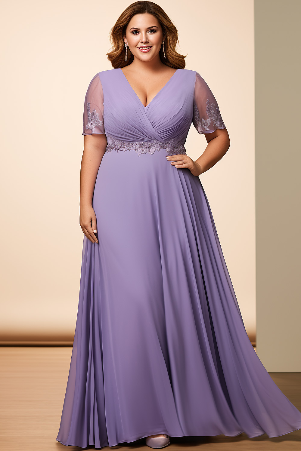 Flycurvy Plus Size Wedding Guest Purple Chiffon Lace Wrap Maxi Dress 2024 - Flycurvy 