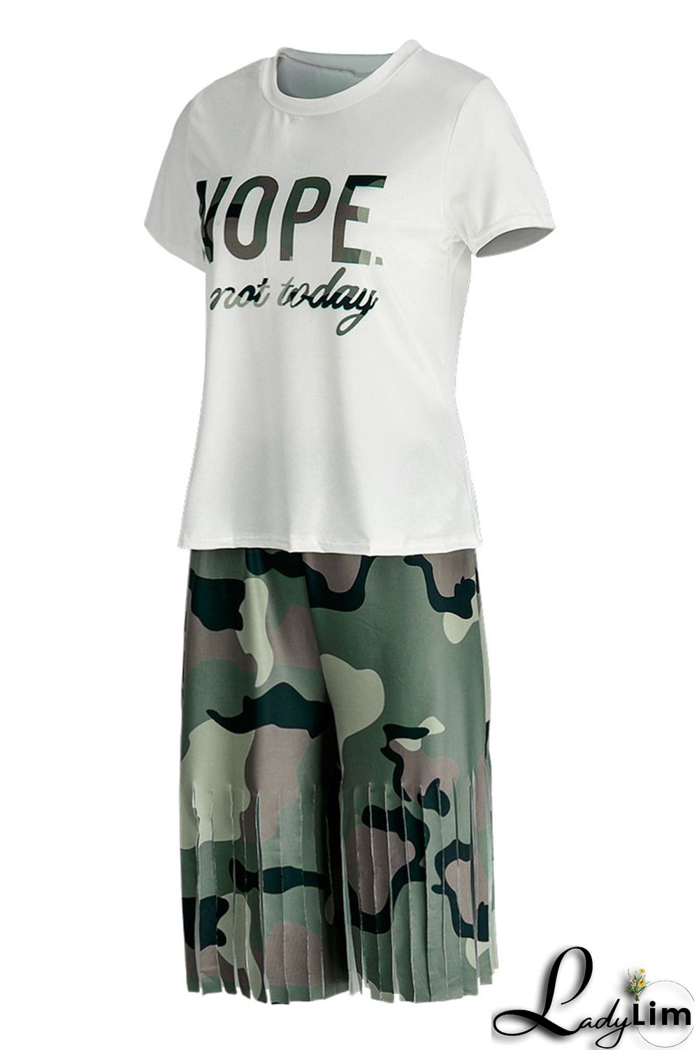 Camouflage Casual Print Tassel Patchwork O Neck Short Sleeve Two Pieces