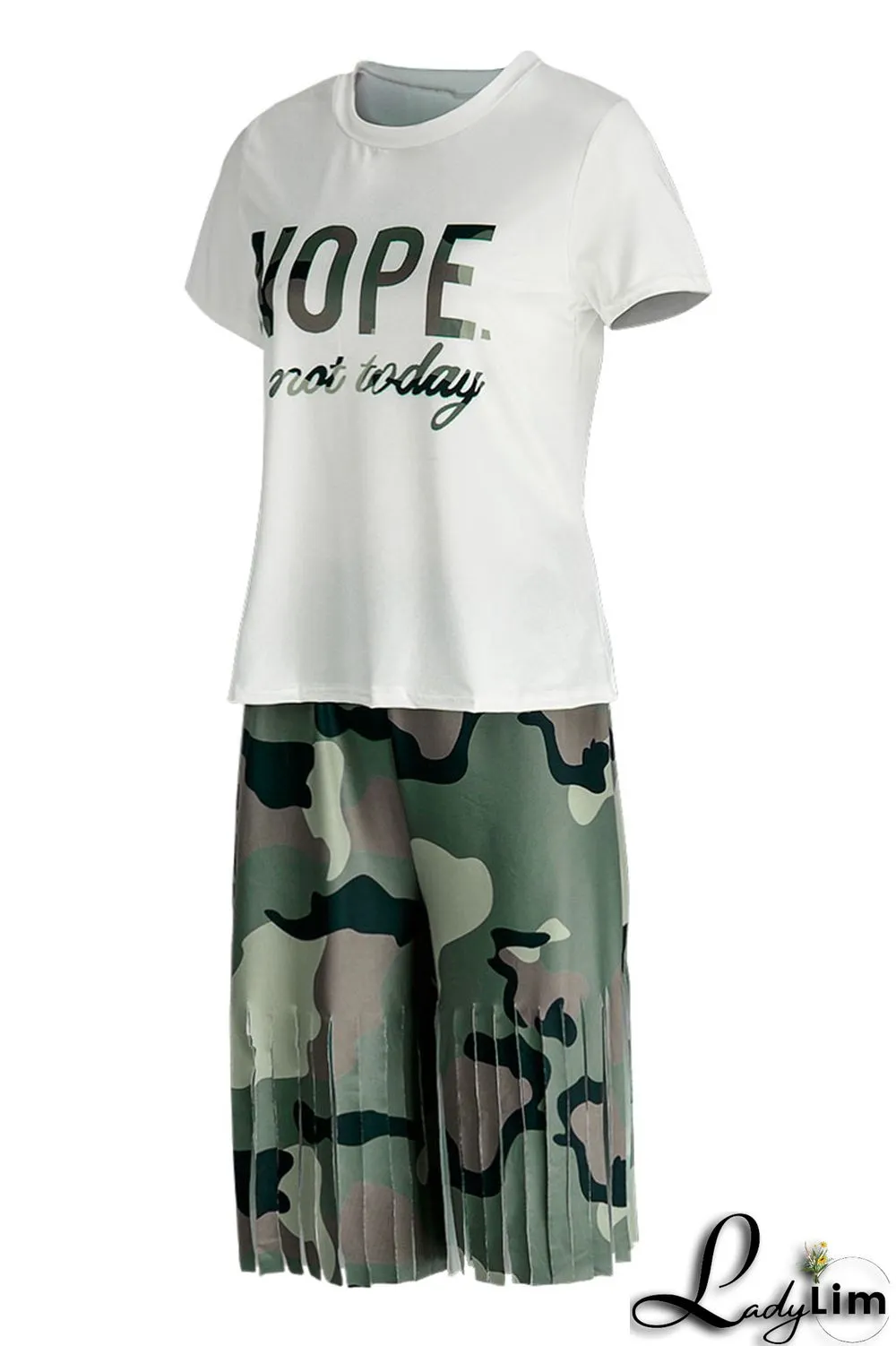 Camouflage Casual Print Tassel Patchwork O Neck Short Sleeve Two Pieces