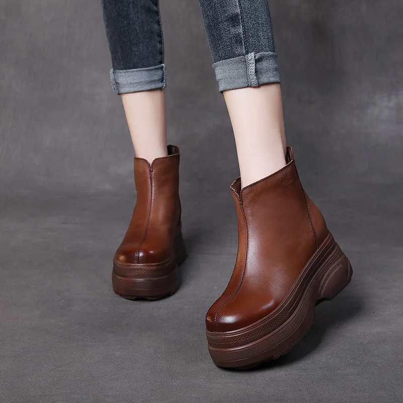 Yyvonne The Children Of Thin Boots Autumn And Winter New Cow Skin Pine Cake Bottom Leather Small Short Boots Soft Bottom Fashion Boots New