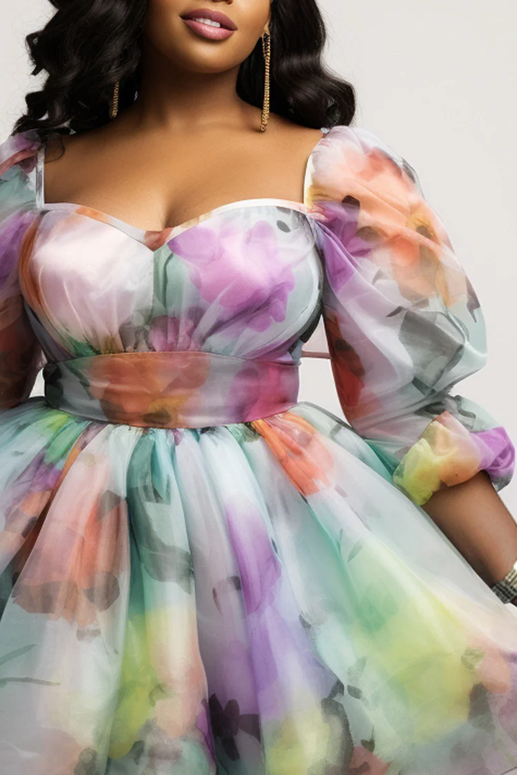 Xpluswear Design Plus Size Prom Multicolor Milkmaid Floral Square Neck 3/4 Sleeve Organza Mini Dresses [Pre-Order]