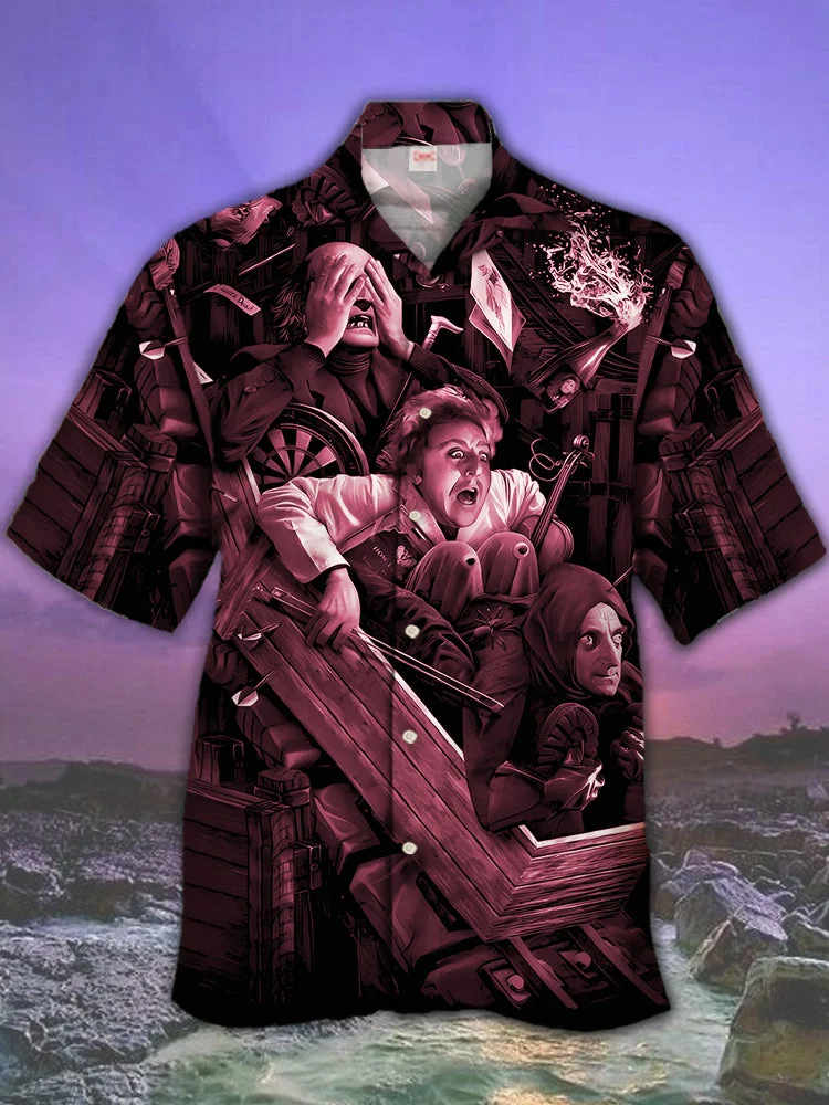Eye-Catching Horror Movie Thriller Scooter And Horror Characters Printing Cuban Collar Hawaiian Short Sleeve Shirt BestDVibe