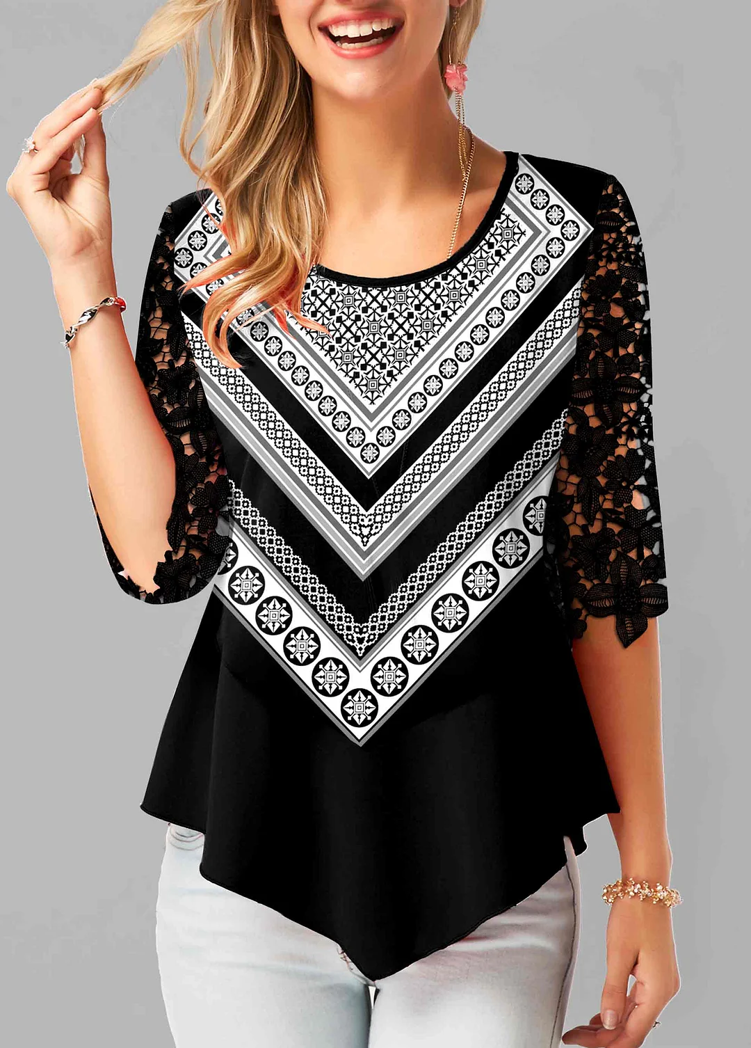 Geometric Print Lace Stitching Black Blouse