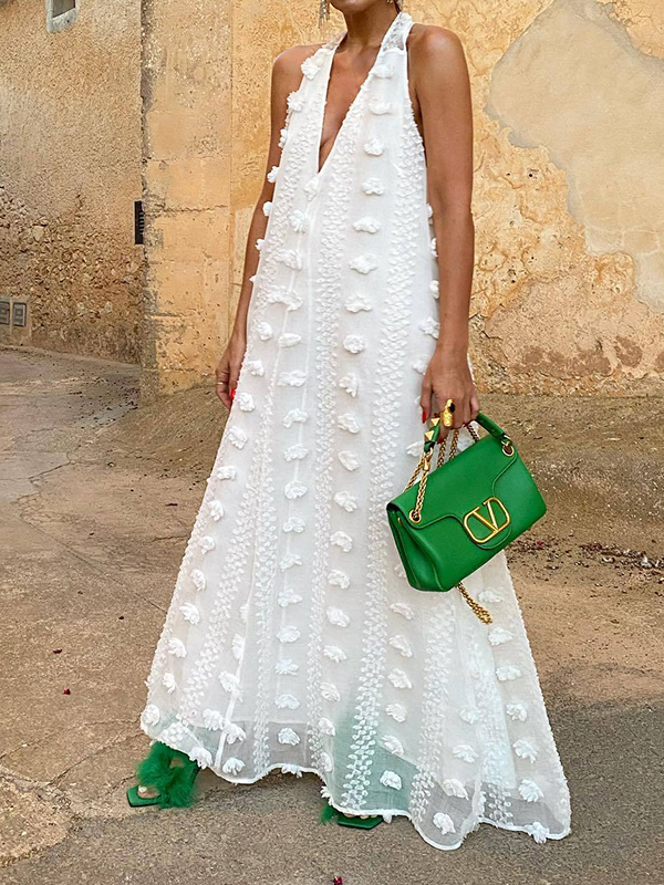 Flower Embellished Halterneck Deep-V Solid Color Loose Maxi Dress