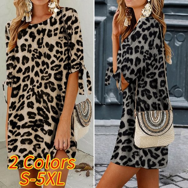 Summer Women Short Sleeve Mini Dress Leopard Print Crewneck Party Casual Loose T Shirt Dress Plus Size - BlackFridayBuys