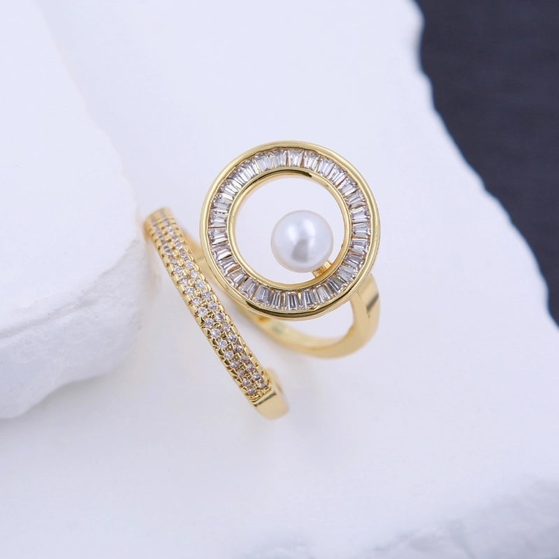 Copper 18K Gold Plated Inlay Round Artificial Pearls Pearl Zircon Open Rings