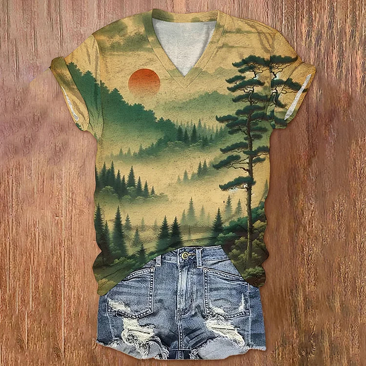 Women's Eternal Dawn Over Mist-Clad Pines Japanese Art Print Casual T-Shirt