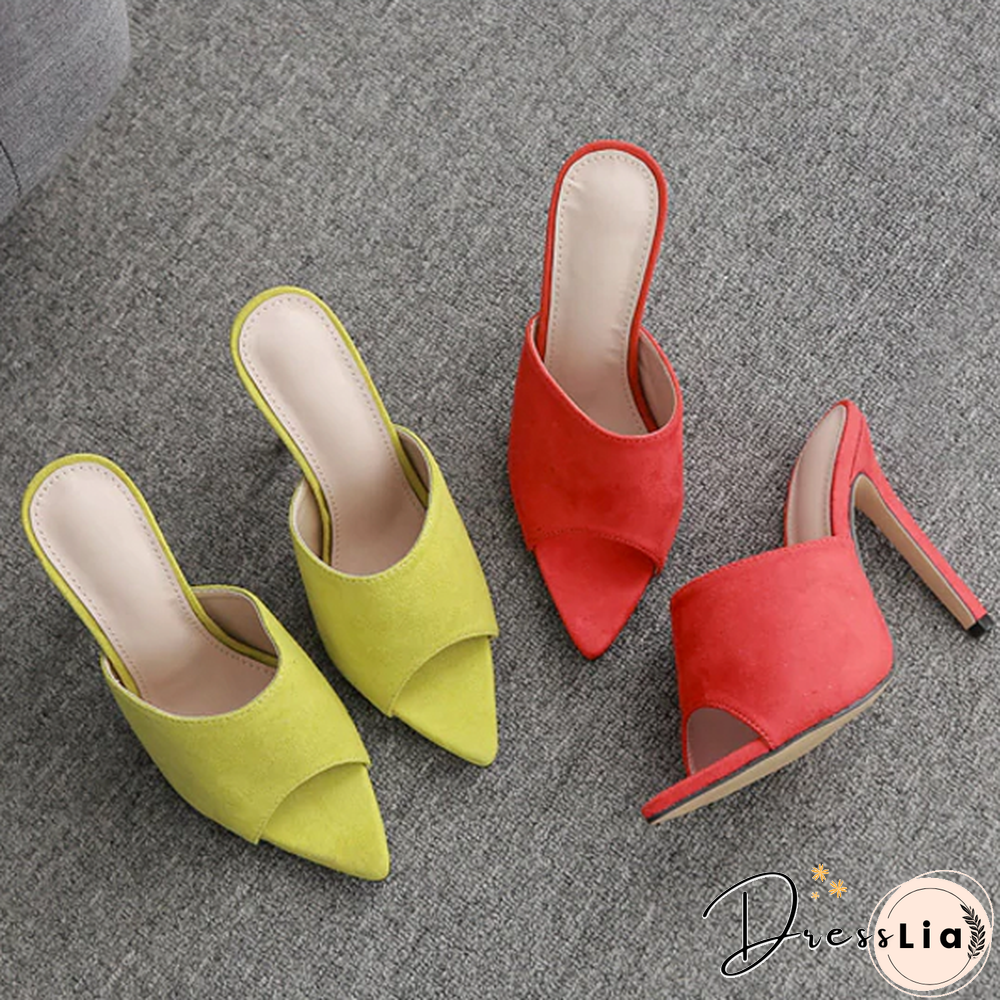 Woman Fluorescent Green Mules Slip On Sandals Peep Toe Slides High Heel Slippers