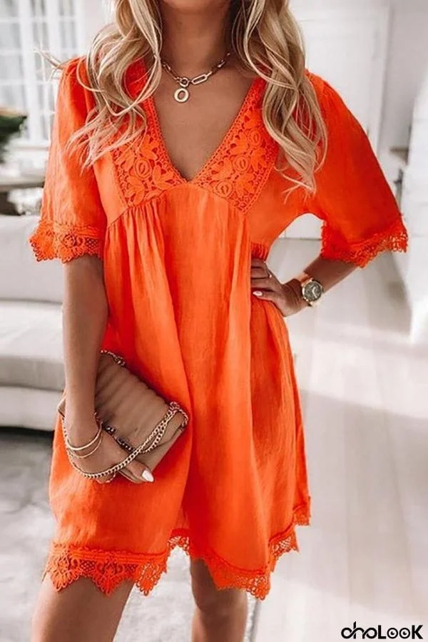 Lace Hem V Neck Mini Dress